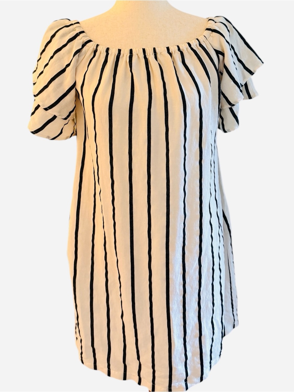 French Curve 100% Linen Striped Ruffle Sleeve Shift Dress Size Medium